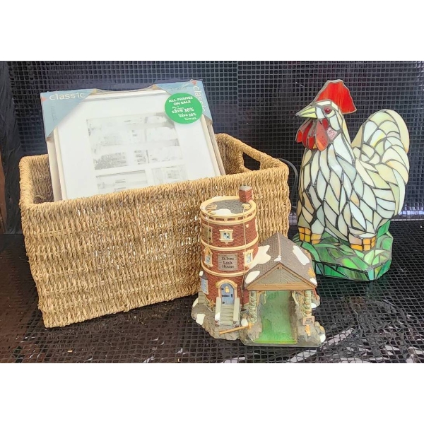 Stained Glass Rooster Lamp, Storage Basket, Frame, and Lighthouse Ceramic Piece