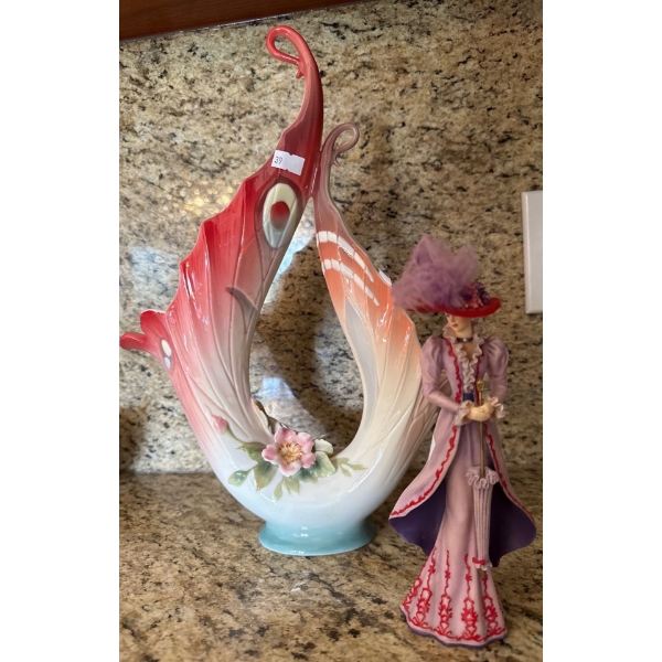 Franz Porcelain Butterfly & Flower Tall Double Opening Vase FZ00579, 14.5T, w/ Thomas K. Tea at 3 