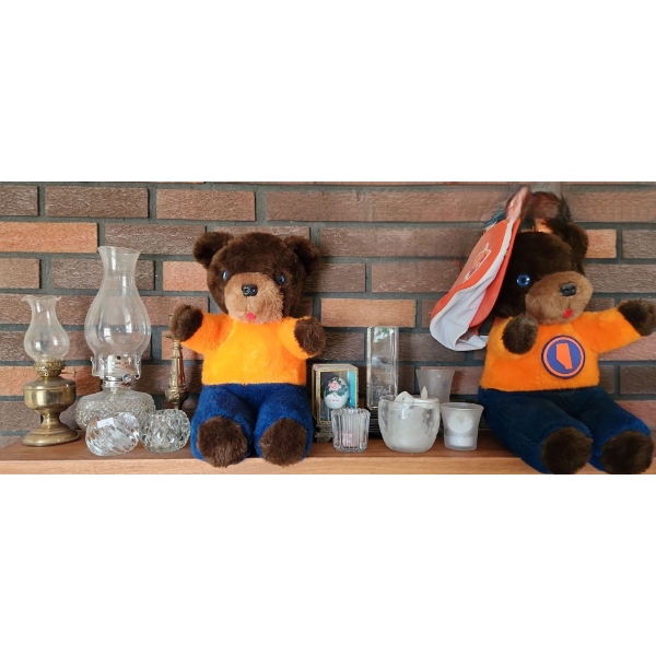 Assorted Decor Including: Vintage Bears 14 T , Oil Lamps Tallest: 13 T, Candle Holders and More!