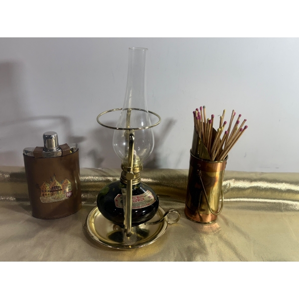 Brass Hurricane Oil Lamp, Copper Matchstick Holder, and Decorative Flask Set