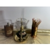 Image 1 : Brass Hurricane Oil Lamp, Copper Matchstick Holder, and Decorative Flask Set
