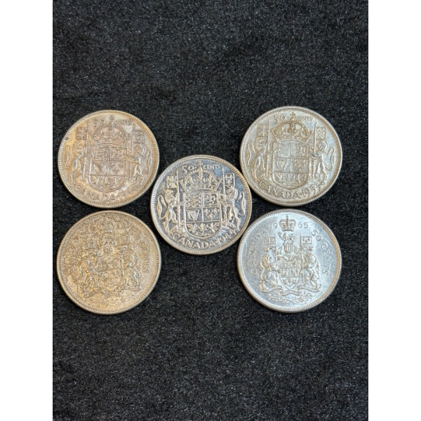 5 Canadian silver 50 Cent pieces  80% pure silver 58.30g various years