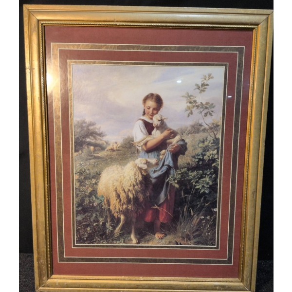 Framed Pastoral Print of Young Girl With Lambs, 25.5 x 31.5 Inches