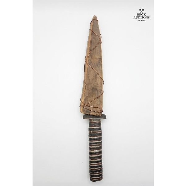 Collectible Ethnographic Knife Featuring A Distinctive Blade Structure With Wood & Wire Binding 18'H