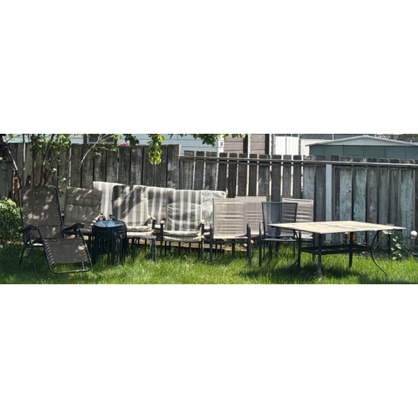 Lovley Set of 11 Chairs, Glass and Metal Outdoor Table, and Outdoor Stools (6) 