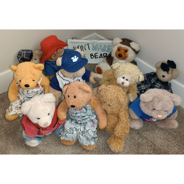 Assortment Of Teddy Bears & "Dont Wake The Bears" Sign