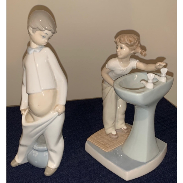  LLADRO Porcelain Boy (9.5T) & Clean Up Time Girl Figurine (Girl Needs Reattaching - 4W, 4D, 8T)