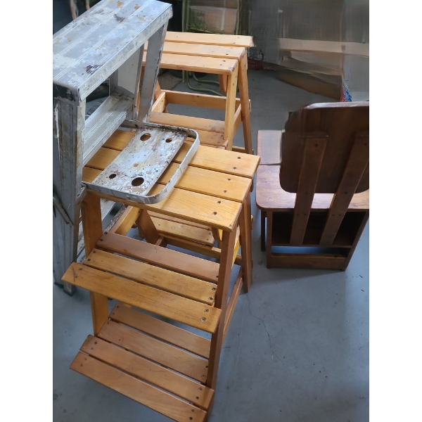 Aluminum 3 Step Ladder, Plant Stands20 w, 23.5 d, 29.5 h & Folding Chair/Ladder 16.5 w, 17 d, 34.5 h