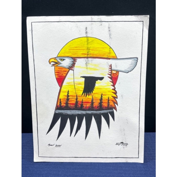 Don Flett Sunset and Eagle Drawing Original 11Wx14H