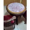 Image 2 : Carved Wood Table with Marble Inlay 32 Diameter Top, 31 T and 2 Chairs 32 T, 22 W, 18 D