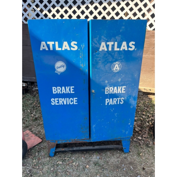 Vintage Atlas Brake Service and Brake Parts storage cabinet is a collectible item 