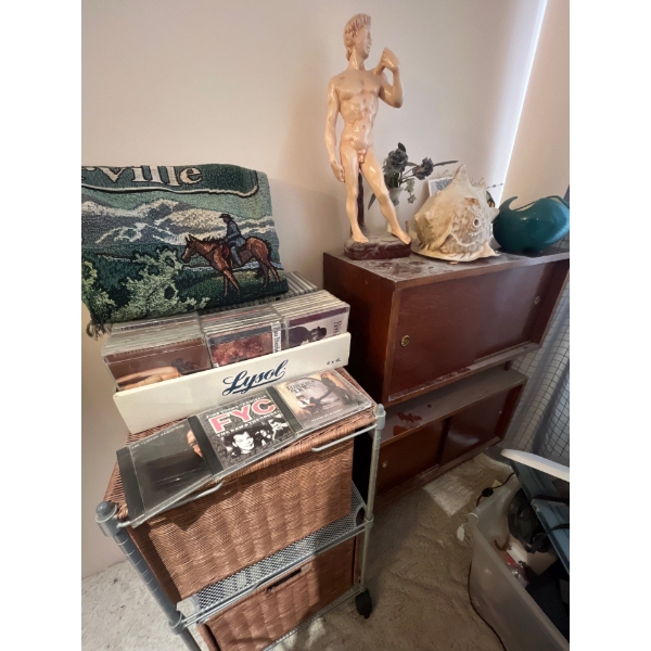  collection of CDs David statue and 2 storage shelf’s