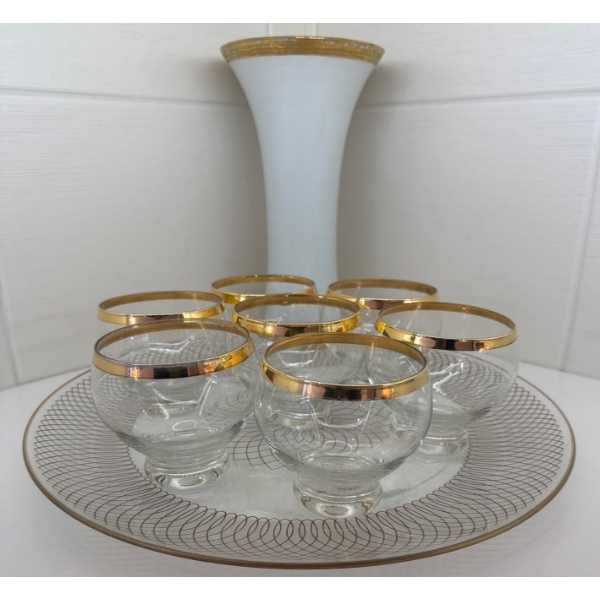 Entertaining Glassware - Vintage Gilded Sherbet Vessels & Platter w/ 22K Gold Embellished Vase 