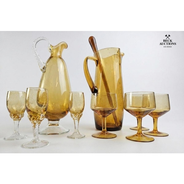 Two Of Vintage Amber Glass Pitcher And Glasses Set Pitchers Size 10''INCHES IN H And 9''INCHES IN H