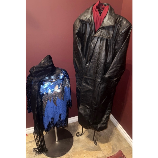 Genuine Unisex Leather Trench Coat Size L & Vintage Sequin Elegant Women's Top Size Large