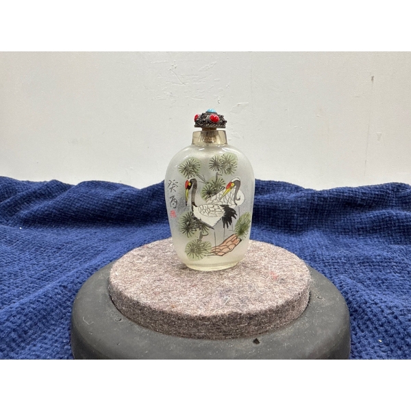 Hand Painted Crane Snuff Bottle with Spoon 3H