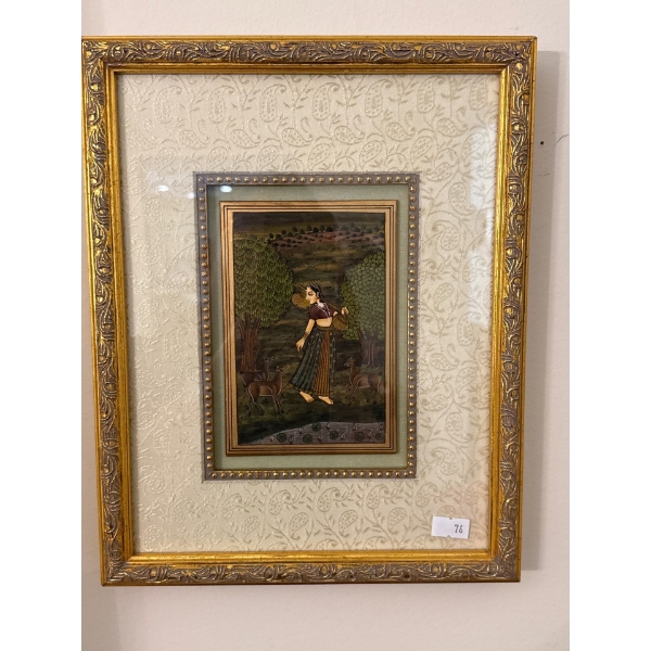Antique Asian Art Woman By River With Deer 9.5 x 12T
