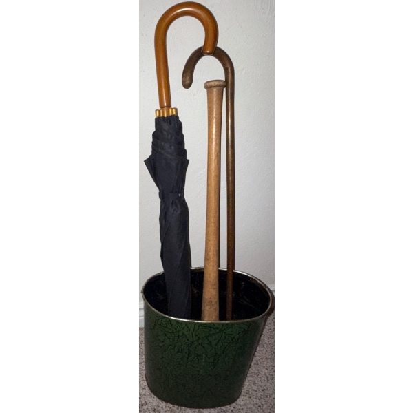 Antique GP Walking Length Blk Canopy Umbrella Bat Cane & Storage Stand 
