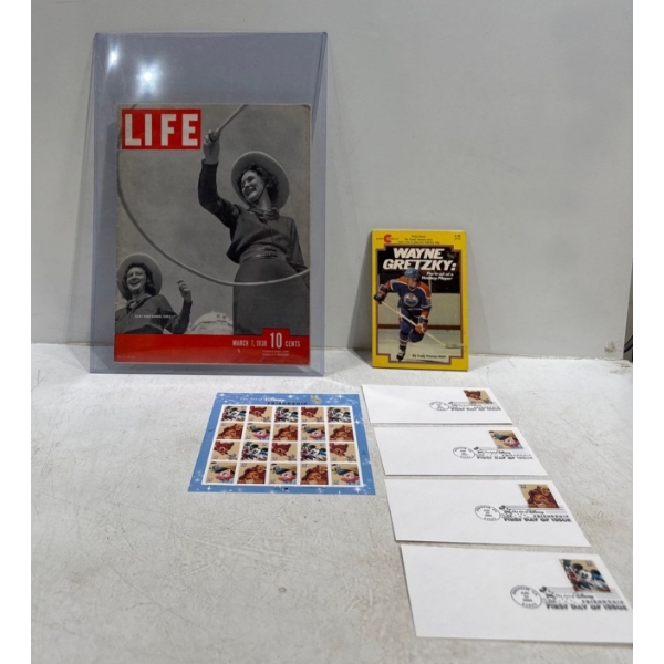 Collection of Life Magazine, Wayne Gretzsky Book, and Disney Friendship Stamps