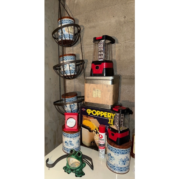 Poppery II, Vintage Cannisters, Lantern Style Lights, Hanging Fruit Basket +++
