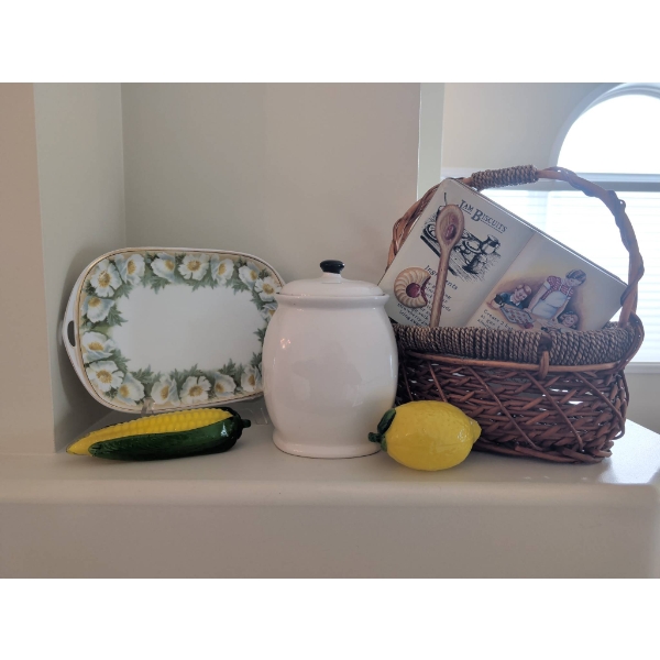 Rose & Hof Donatello Tray, Stoneware Canister, Ceramic Fruits, Tin and Basket