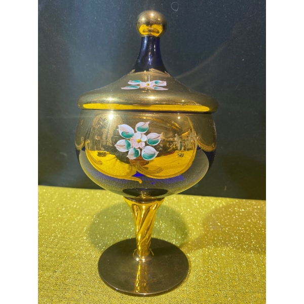 Vintage Czech Bohemian Gold Gilt, Hand Painted Glass Lidded Candy Dish