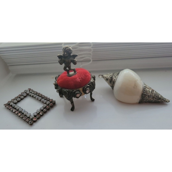 Vintage Golden Cherub Pin Cushion 3T w/ Armoured Sea Shell & More