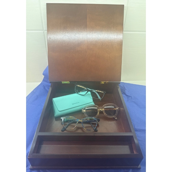 Tiffany & Co. Eye Glasses w/ Wooden Cabinet & More 
