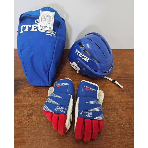 ITech Blue Hockey Helmet, Carrying Bag, and Sher-Wood 4015 Gloves Set