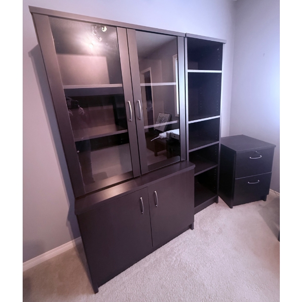 Dark Wood Storage Unit with Glass Cabinets, Open Shelving, and Lockable Filing Cabinet
