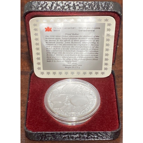 1996 McIntosh Apple Proof Silver Dollar 92.5% Silver 25.175 Grams