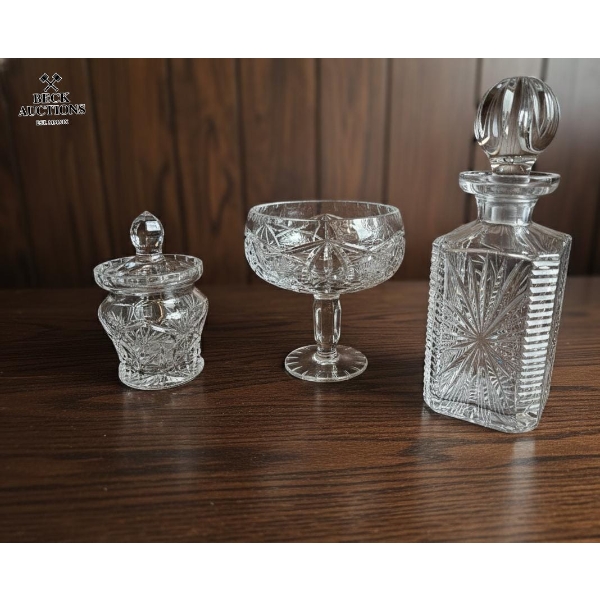 Vintage Collectible Crystal Featuring A "Pinwheel , Bonbonniere, A Footed Bowl, Crystal Decater 