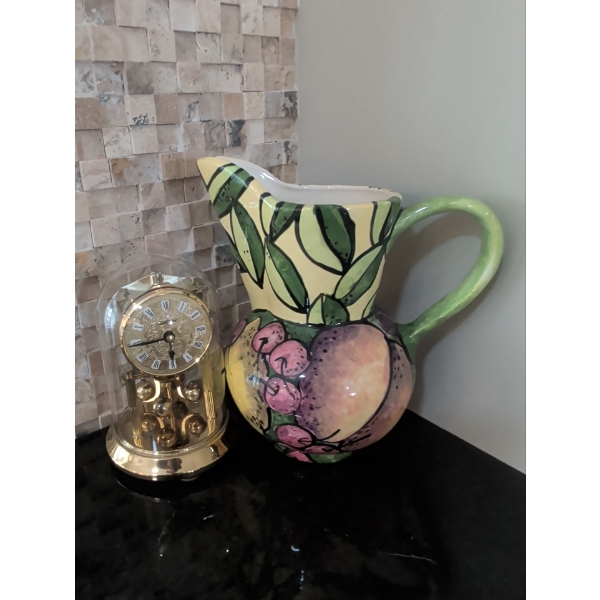 Unique Earthenware Hand-Painted Jug & Gold-Toned Anniversary Clock Featuring Roman 