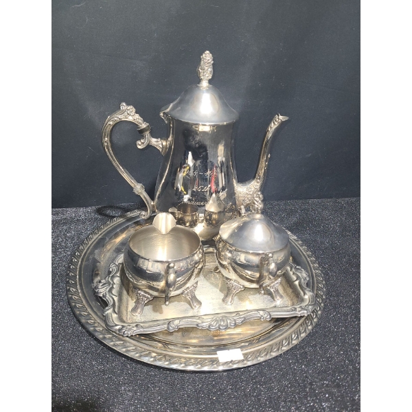 Silverplated/ EP Brass Serving Ware- Tray: 12" Diameter, Teapot, Cream/ Sugar