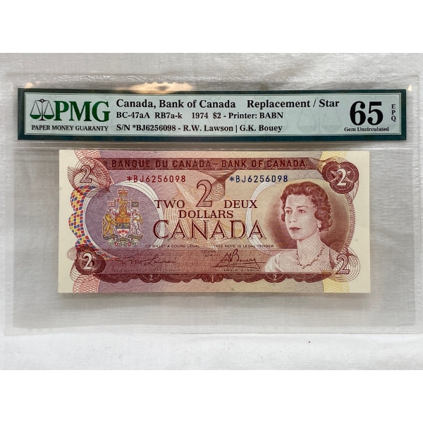 Graded Canadian 1974 $2 Gem UNC Prefix: *BJ