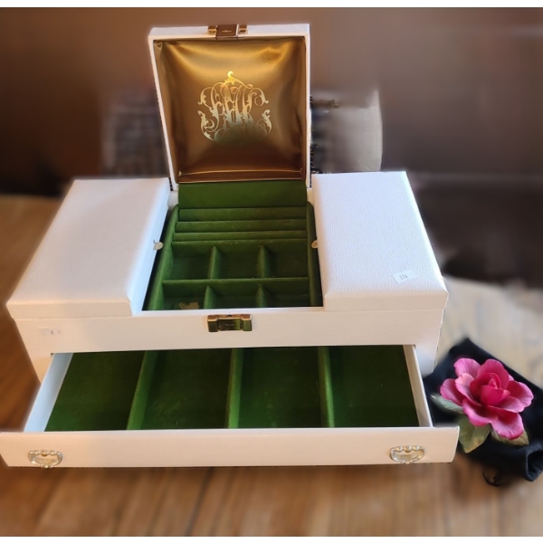 Vintage White Buxton Jewelry Box 16.5 W, 8.5 D, 6 T and Birks Porcelain Rose 