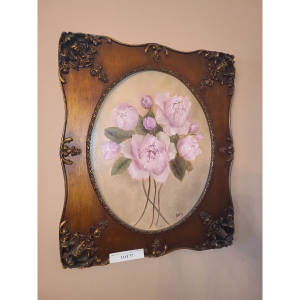 Pair of Ornate Wood Framed Floral Paintings 21 1/2 w 25 1/2 h