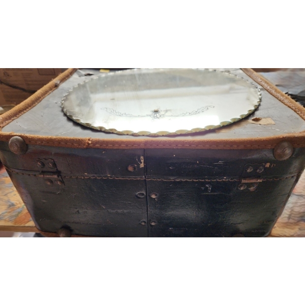 Antique: Suitcase 17 W, 7.5 D, 16 T w/ Contents Shown and Mirror 13.5" Diameter