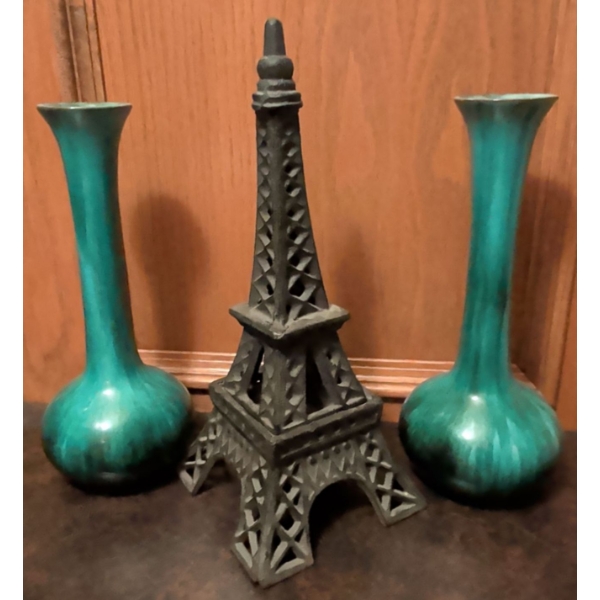 Canada's Own Blue Mountain Pottery Vases w/ Iron Eiffel Tower 14"Tall