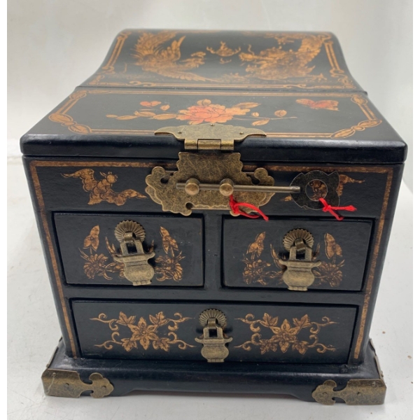 Gorgeous Black Oriental  Wood Jewelry Box w/ Swing Top Mirror, 3 Drawer w/ Key - Gold Dragon