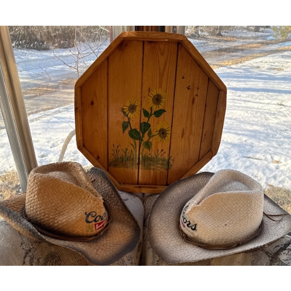Two Vintage Coors Light Cowboy Hats w/Wooden Tray w/Floral Design