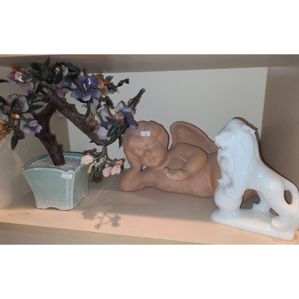 Terra Cotta Cherub 15 W, Floral Glass Bonsai and Carved Stone Lion Bookend