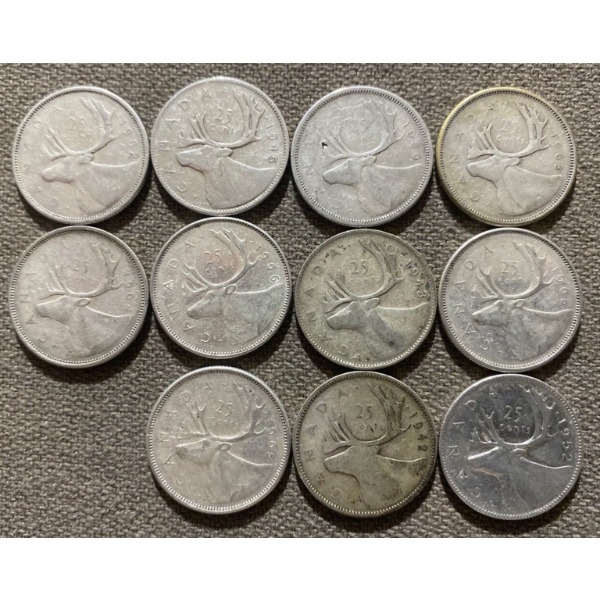 Canadian 25-cent Pieces 80% Silver 64.13 Grams