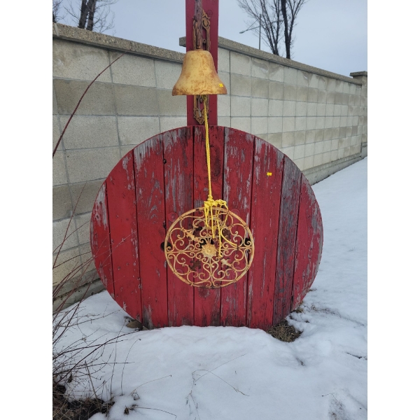 Antique Yard Art - Farm House Dinner Bell - XL Cable Spool Reporpused 