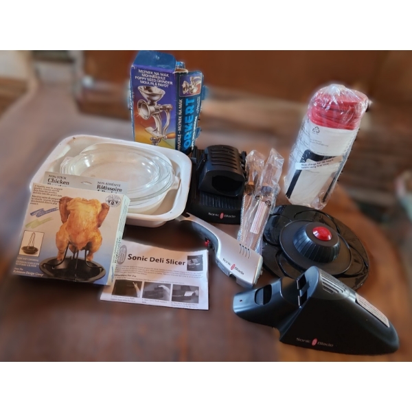 - Sonic Deli Slicer, Corning Ware Dish 4 X 6 and Roaster 14 X 12, Pokert Grinder and More!