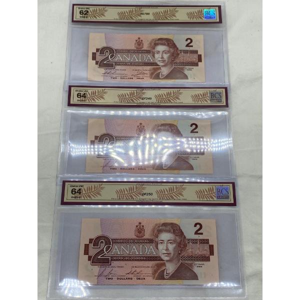 3 Graded Canadian 1986 $2 Choice UNC Prefix: CBK EGR CBH