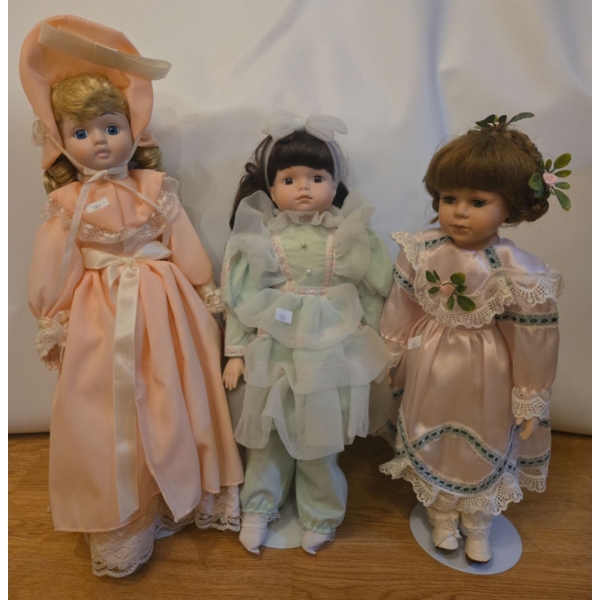 Porcelain Dolls: Lorraine Collection 'Melanie', Flower Girl, Chiffon Girl. Tallest is 18T