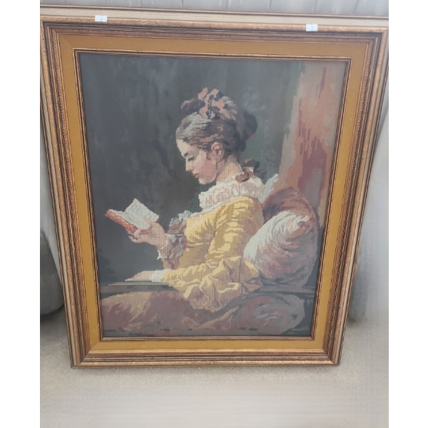 Needlepoint of Woman in Yellow Dress Reading, Framed Under Glass 27.5 X 33