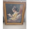 Image 1 : Needlepoint of Woman in Yellow Dress Reading, Framed Under Glass 27.5 X 33