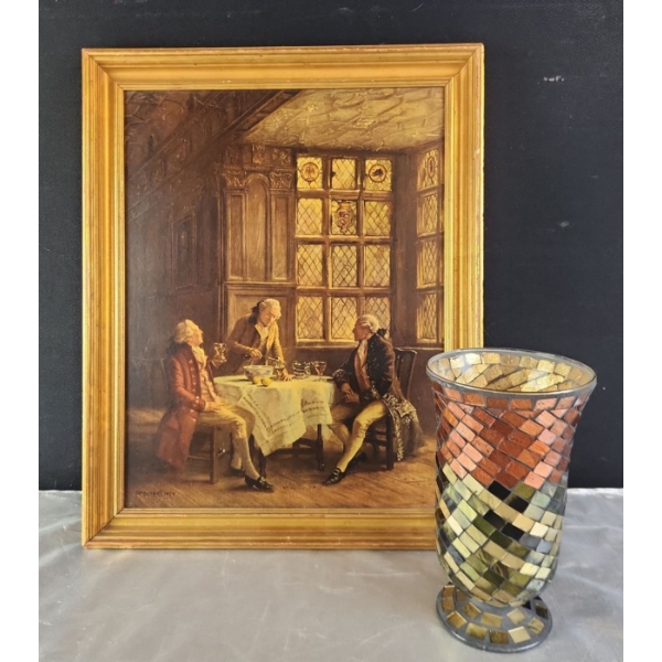 Framed Print by Frank Moss Bennett( 15"W x 19"H) with Cut Tile Colorful Vase